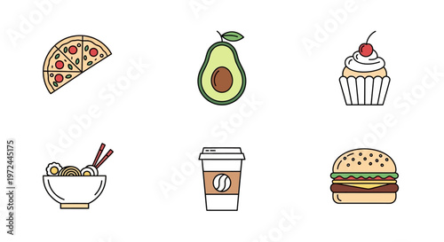 Assortment of food icons pizza avocado cupcake ramen coffee burger