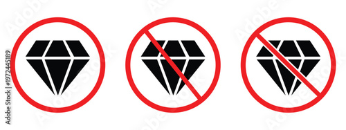 No Jewelry Prohibition Icon Set with Diamond and Ring Symbols, Warning and Safety Vector Illustration