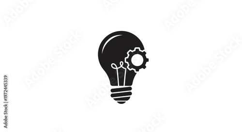 Black and white light bulb with gear icon for innovation and ideas