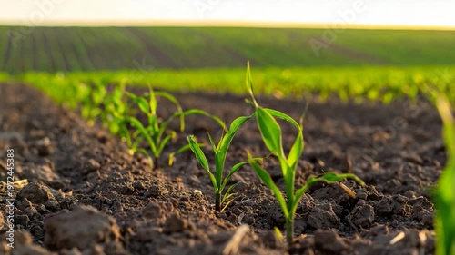 Young corn stalks growing in freshly tilled, rich brown earth on a farm field