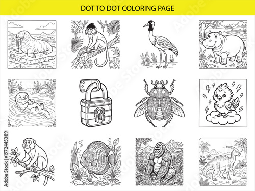Dot to dot coloring page featuring diverse animals and objects including walrus monkey crane hippo and ancient scarab beetle
