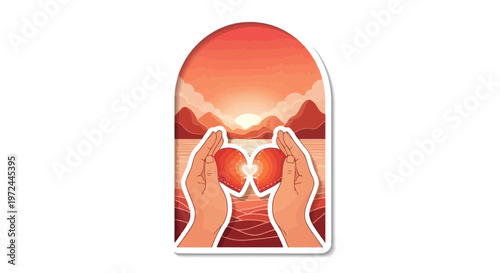Hands holding heart shape over landscape with sunset sky and mountains
