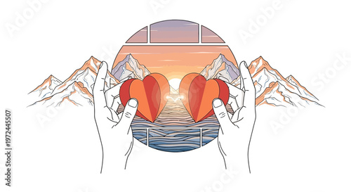 Hands holding paper hearts with a sunset background love and harmony