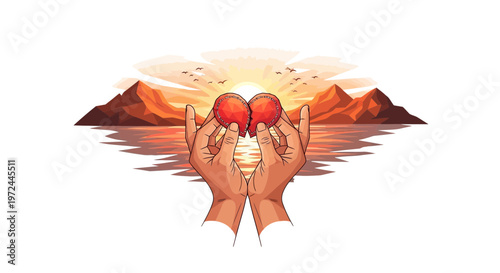 Hands holding peaches at sunset with mountains and water reflection