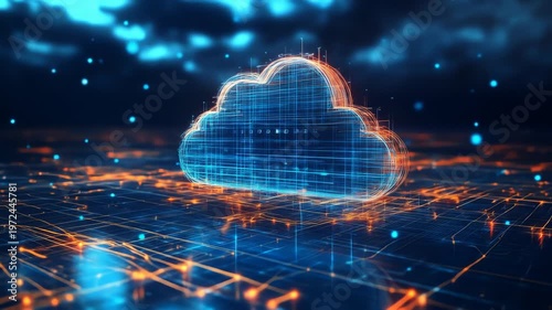 Abstract digital cloud computing concept with glowing lines and dots