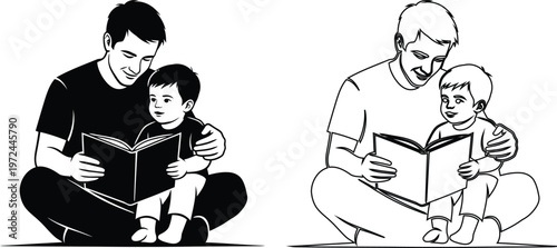 Father reading book to young child sitting together happily