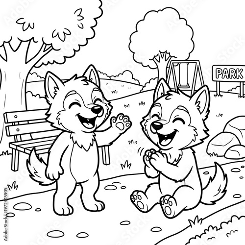 Cute wolf pups coloring page, happy cartoon wolves playing in a park, black and white line art illustration for kids activity book isolated on White Background