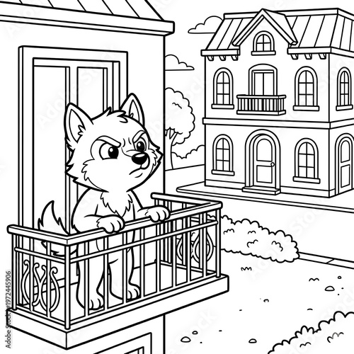 Coloring page of a cute wolf on a balcony, cartoon wolf character looking out at a neighborhood, outline illustration for kids activity book isolated on White Background