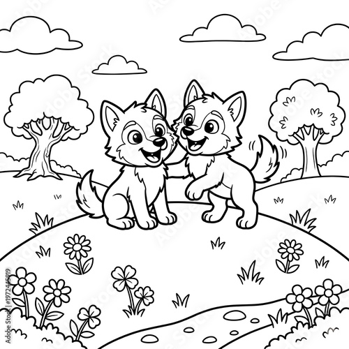 Cute wolf pups coloring page, adorable baby wolves playing in a meadow, black and white line art illustration for kids activity book isolated on Transparent Background