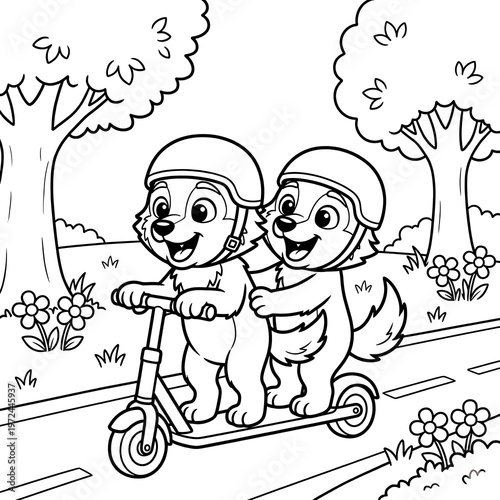 Coloring page of cute dogs riding a kick scooter, cartoon puppies wearing helmets in a park, black and white line art for kids activity book isolated on Transparent Background