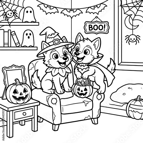 Halloween coloring page with cute puppies in costumes, spooky dog characters in witch and vampire outfits, festive holiday line art for kids isolated on Transparent Background
