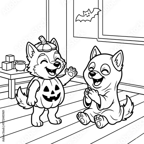 Halloween coloring page with cute dogs in costumes, cartoon puppies dressed as pumpkin and ghost, festive autumn line art for kids isolated on Transparent Background