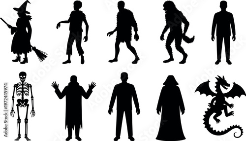 Halloween character silhouettes set featuring witch, zombie, skeleton, werewolf, vampire, ghost and dragon, spooky horror collection for design, party decoration, isolated on white background