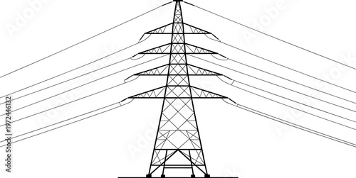 High voltage power transmission tower silhouette with electric lines, energy infrastructure concept, electricity distribution system, industrial utility grid, engineering network for power supply