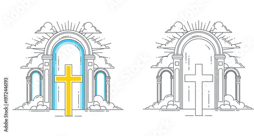 Christian Cross at the Gates of Heaven with Sun Rays and Clouds, Religious Linear Vector Illustration Set for Faith, Spirituality, Easter, and Resurrection Concepts