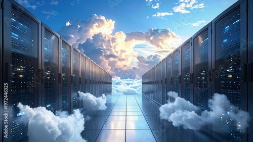 Data center racks flanking a cloudy sky walkway, reaching the clouds