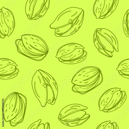 doodle pistachio pattern background for packaging. pistachio seed Seamless pattern Hand drawn sketch. Pistachio nuts pattern background. Vector doodle pistachio nuts seamless pattern background.
