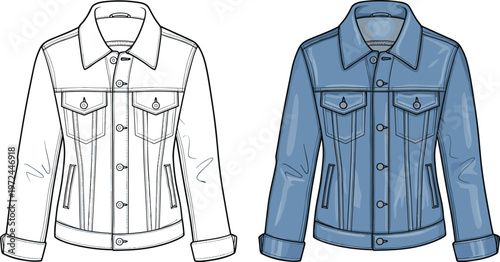 Classic denim jacket technical fashion flat sketch with front view, button closure and pocket details, modern apparel template isolated on white background