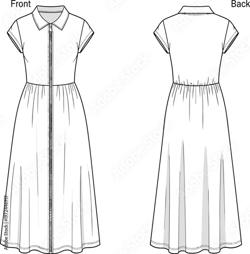 Collared short sleeve maxi dress illustration with front zipper closure, front and back view, casual women's fashion design, modern everyday outfit