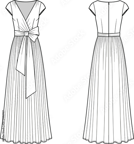 Elegant pleated maxi dress illustration with V neck and waist bow belt, front and back view, timeless women's formal fashion design