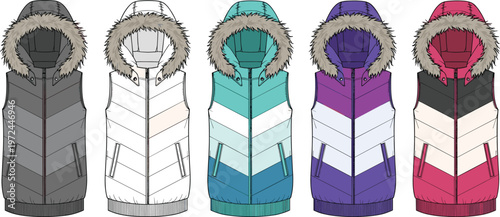 Colorful winter hooded puffer vest collection with fur trim, modern fashion outerwear design variations, stylish sleeveless jackets isolated on white background