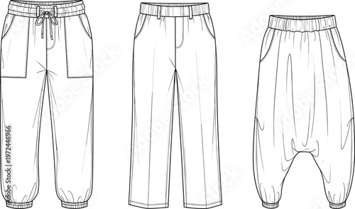 Men casual pants collection technical fashion flat sketch with cargo joggers and wide leg trousers, drawstring waist apparel template isolated on white background