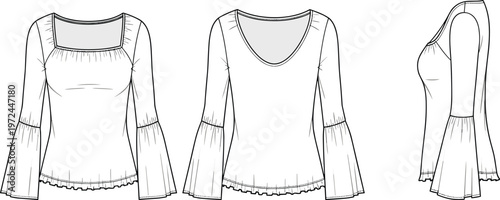 Women bell sleeve blouse technical fashion flat sketch front back and side view square and v neck modern apparel vector template