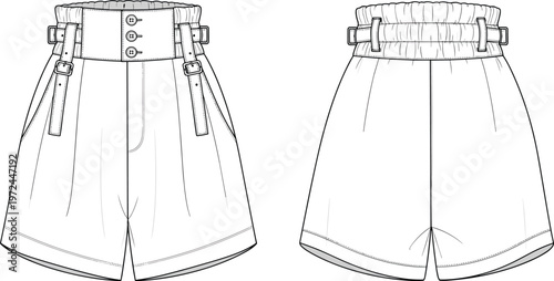 Women bodycon midi dress technical fashion flat sketch with front and back view, belt detail, elegant fitted apparel template isolated on white background