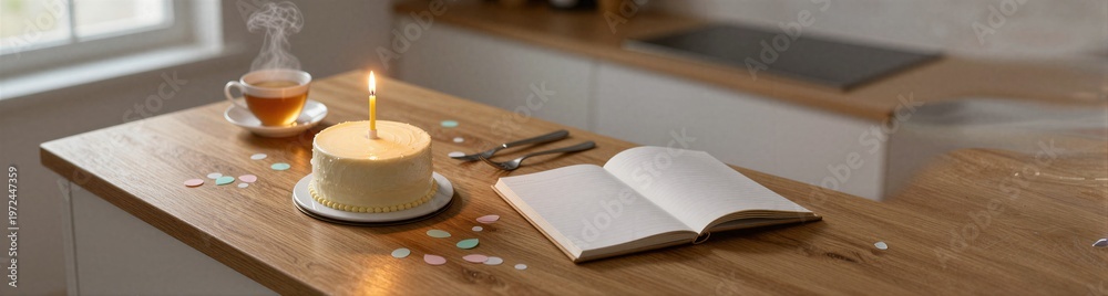 Fototapeta premium Small birthday cake with candle on kitchen island counter