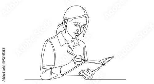 A woman taking notes with a pen and paper in a simple setting