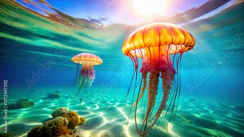 Two jellyfish drift in a sunlit ocean, visible through the water's surface