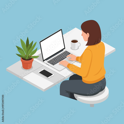 woman working on laptop with coffee.