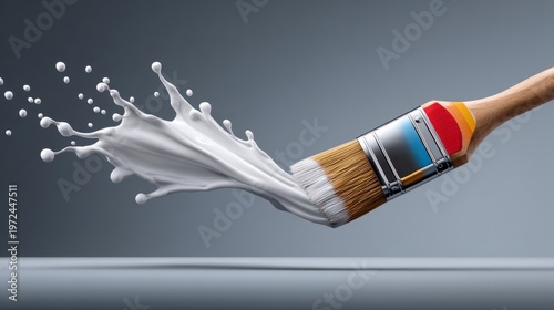 Brush creates white paint splash on surface in artistic display of color and design