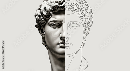 A split image of a statue with one side sculpted and the other sketched