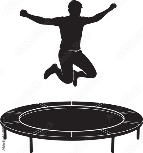 A person joyfully jumping on a trampoline with arms spread wide in mid-air silhouette vector icon