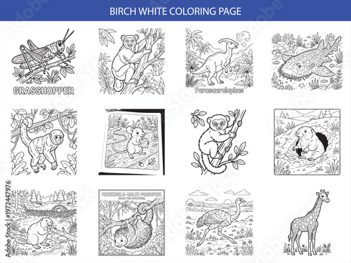 Birch white animal coloring page set featuring grasshopper and parasaurolophus in clean vector line art for educational use