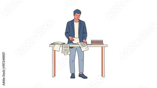 Man in suit reviewing documents at a messy desk with books