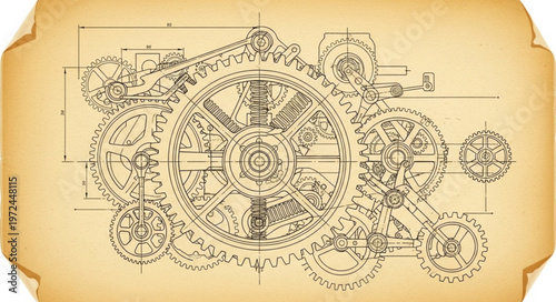 Vintage Mechanical Gear Blueprint Design.