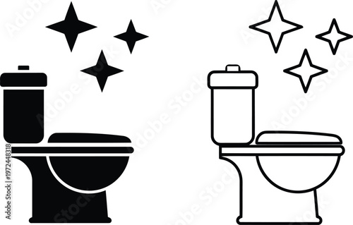 Black and white of toilets with cleaning spray bottles and sparkles
