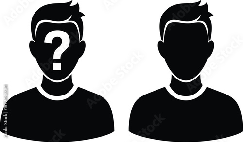 Black and white silhouettes of men with question mark on face