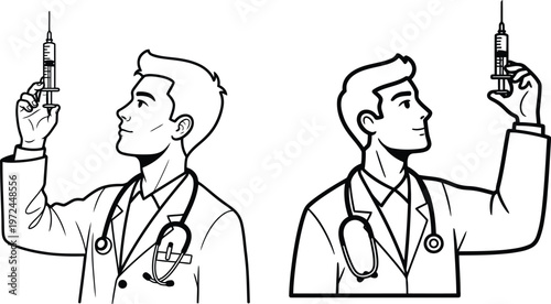 Two male doctors holding syringes with needles in line style