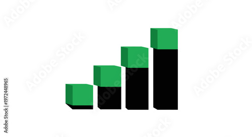 Abstract graphical representation of increasing data signal strength or performance, green bars.