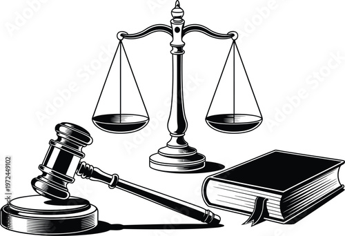 Justice symbols with gavel, scales, and law book in monochrome illustration