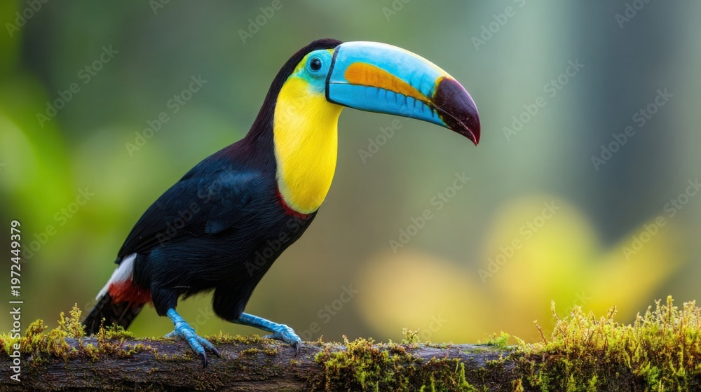 Obraz premium A stunning toucan with a massive, colorful beak perched on a mossy branch amidst a lush, blurred tropical forest.