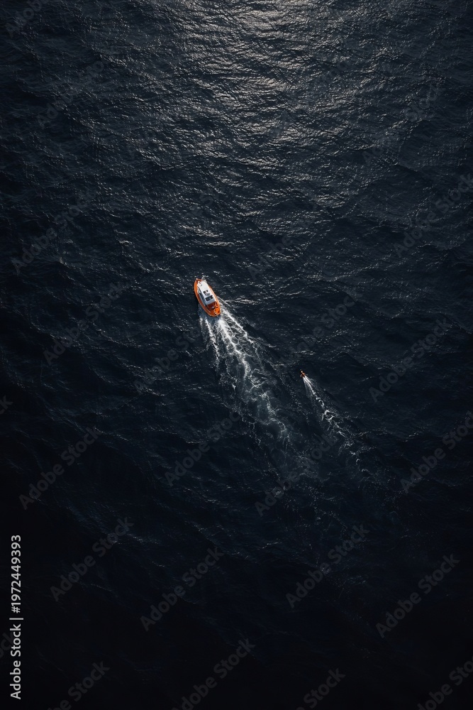 Obraz premium Aerial Overhead Drone View Nautical Maritime Ocean Sea Marine Vessel Motorboat Rescue Emergency Coastguard Navigation Transportation
