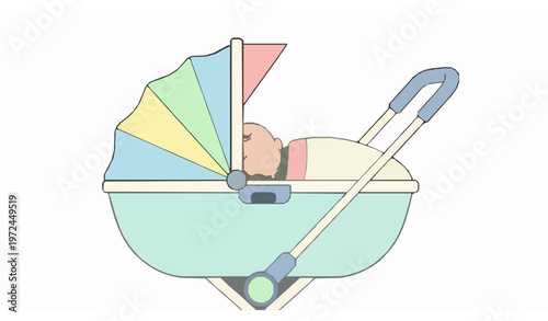 Cute Sleeping Baby in Stroller Flat Style Vector Illustration for Baby Care