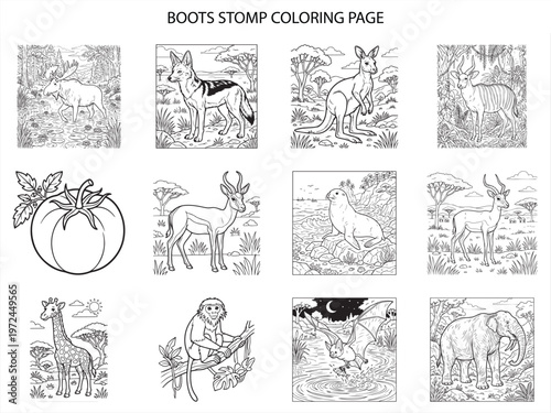 Boots stomp coloring page collection featuring wild animals and nature scenes for creative educational coloring activities