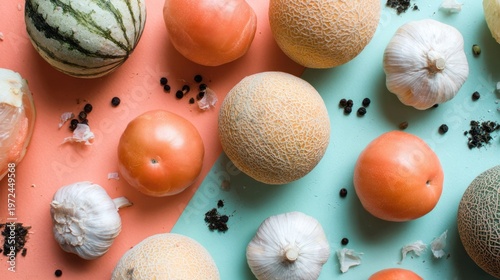 Fresh fruits and vegetables overhead view on colorful surface