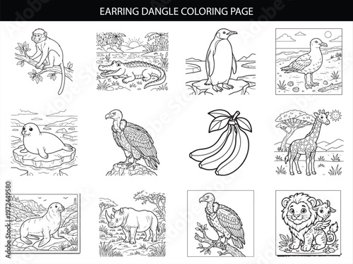Earring dangle coloring page featuring exotic animals and birds for creative children coloring books and design vector illustration