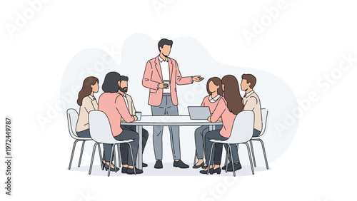 Business meeting with diverse team collaborating around a table, leader presenting